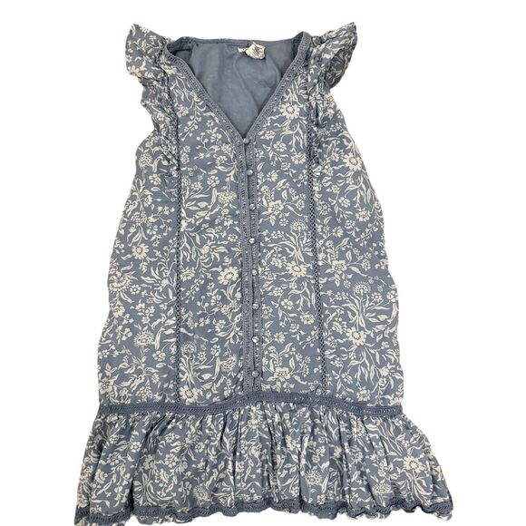 Lucky Brand Dresses & Skirts - Lucky Brand Lace Trim Ruffle Shoulder Flounce Floral Mini Dress Blue White Small
